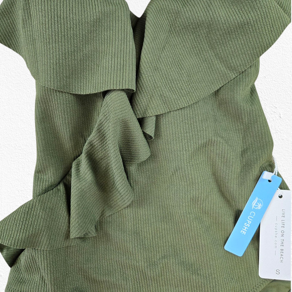Cupshe Olive Green Ribbed Ruffle Plunge V-Neck One Piece Swimsuit Size Small - Picture 6 of 9